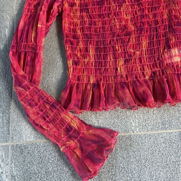 NWOT Free People Hello There Ruffled Sheer Mesh Top Red Pink Orange Abstract XS - Picture 6 of 16